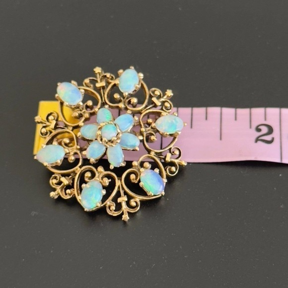 Vintage 14K Yellow Gold Opal Flower Heart Filigree Scroll Pendant Brooch Pin - Picture 7 of 10